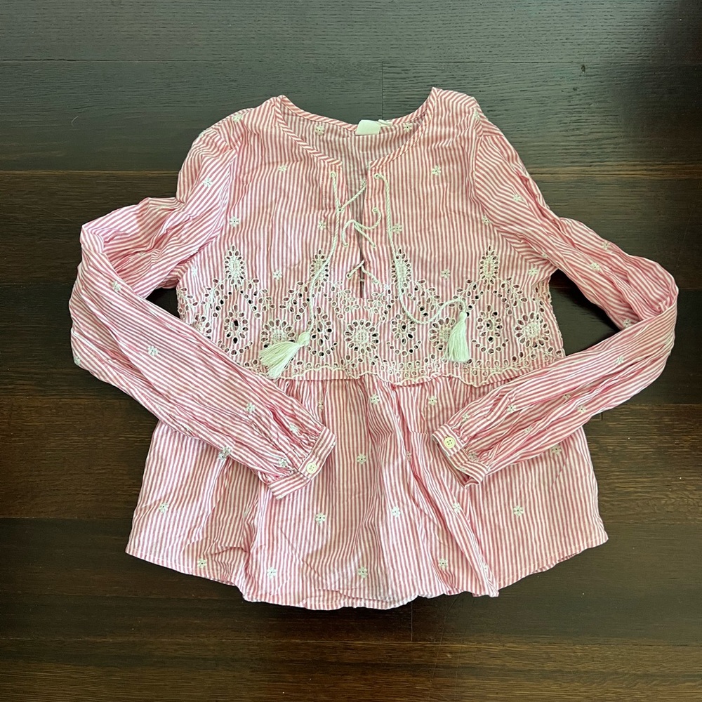 Gap long sleeve pink and white pinstripe top with tassels and eyelet detailing